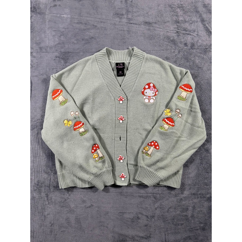 Hello Kitty Sanrio Mushroom Cardigan Sage Green Knit Sweater Medium